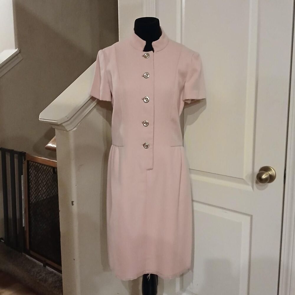 VTG 60s Joseph Magnin Pink 100% Wool Knee Length Dress Round Buttons Union Made